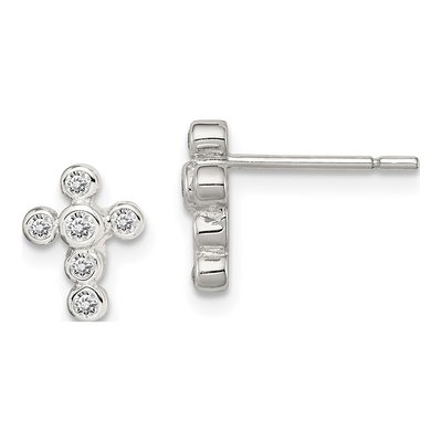 Sterling Silver Round CZ Girls' Cross Stud Earrings