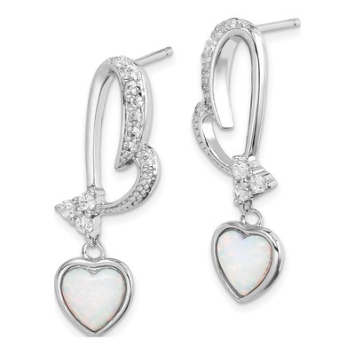 Sterling Silver Lab-Created Opal & CZ Heart Dangle Earrings – view 3