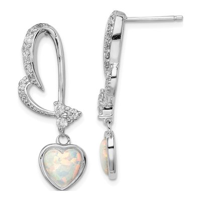 Sterling Silver Lab-Created Opal & CZ Heart Dangle Earrings