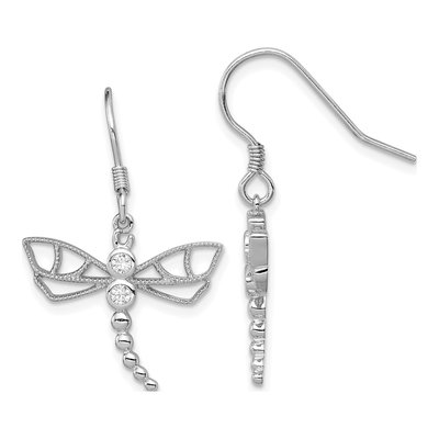 Sterling Silver CZ Dragonfly Dangle Earrings