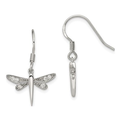 Sterling Silver CZ Dragonfly Dangle Earrings