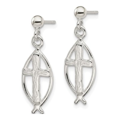 Sterling Silver Ichthus Cross Dangle Earrings – view 3