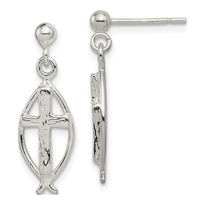 Sterling Silver Ichthus Cross Dangle Earrings