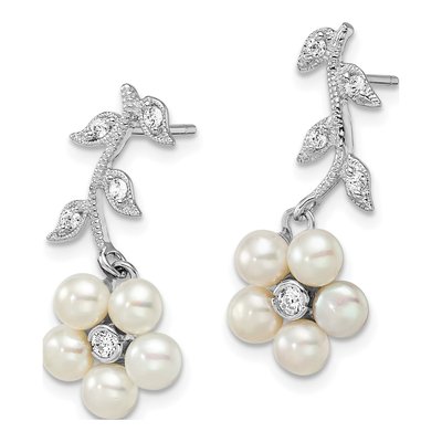 Sterling Silver Freshwater Cultured Pearl & CZ Flower Dangle Earrings – view 3