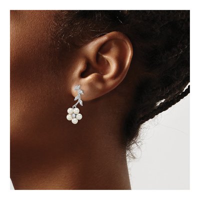Sterling Silver Freshwater Cultured Pearl & CZ Flower Dangle Earrings – view 4