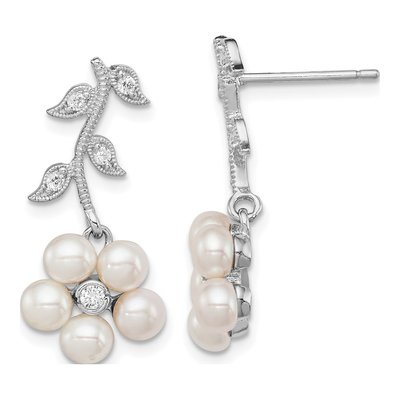 Sterling Silver Freshwater Cultured Pearl & CZ Flower Dangle Earrings