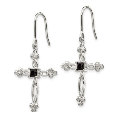 Sterling Silver CZ & Diamond Budded Cross Dangle Earrings – view 3