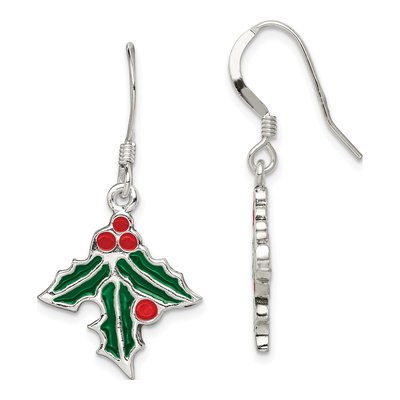 Sterling Silver Enameled Holly Dangle Earrings