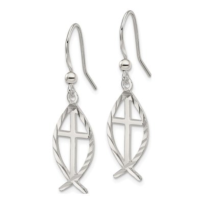 Sterling Silver Cross Ichthus Dangle Earrings – view 3
