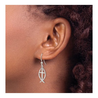 Sterling Silver Cross Ichthus Dangle Earrings – view 4