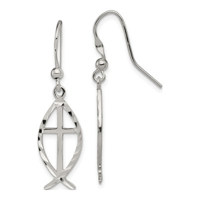 Sterling Silver Cross Ichthus Dangle Earrings