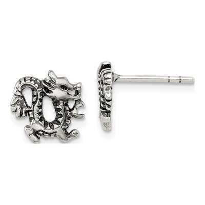 Sterling Silver Antiqued Dragon Stud Earrings