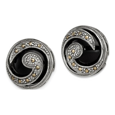 Sterling Silver 14mm Round Onyx Marcasite Wave Stud Earrings – view 3