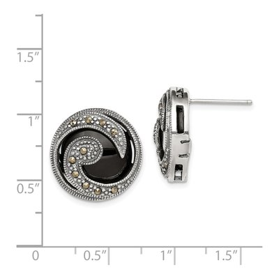 Sterling Silver 14mm Round Onyx Marcasite Wave Stud Earrings – view 5