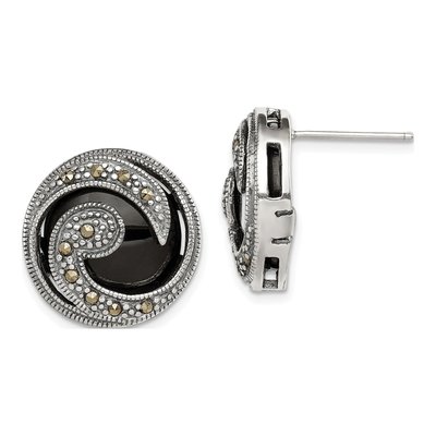 Sterling Silver 14mm Round Onyx Marcasite Wave Stud Earrings