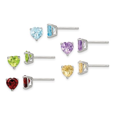 Sterling Silver Heart Gemstone Stud Earring Set of 5