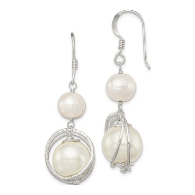 Sterling Silver Freshwater Cultured Pearl & Simulated Pearl Shell Dangle Earrings