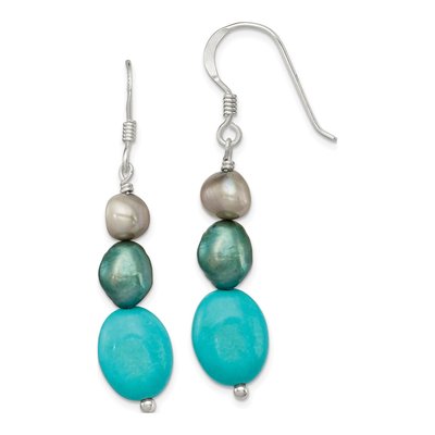 Sterling Silver Green Freshwater Cultured Pearl & Turquoise Dangle Earrings