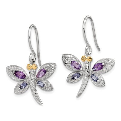 Sterling Silver Amethyst & Diamond Iolite Dragonfly Dangle Earrings – view 3