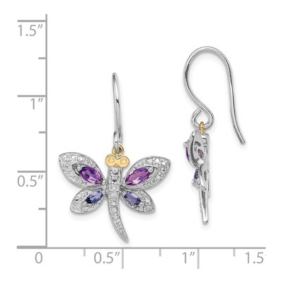 Sterling Silver Amethyst & Diamond Iolite Dragonfly Dangle Earrings – view 5