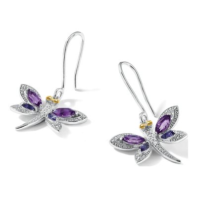 Sterling Silver Amethyst & Diamond Iolite Dragonfly Dangle Earrings – view 6