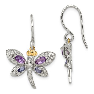 Sterling Silver Amethyst & Diamond Iolite Dragonfly Dangle Earrings