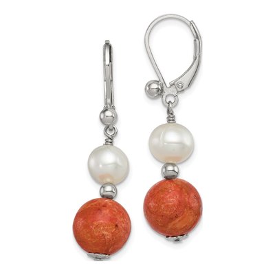 Sterling Silver Freshwater Cultured Pearl Coral Leverback Earrings