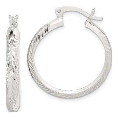 Sterling Silver 20mm Diamond-Cut Round Hoop Earrings