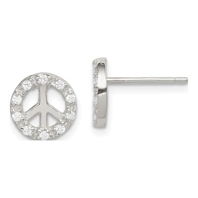 Sterling Silver CZ Peace Symbol Stud Earrings