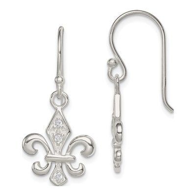 Sterling Silver CZ Fleur de Lis Dangle Earrings