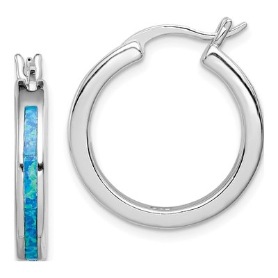 Sterling Silver 23mm Lab-Created Opal Hoop Earrings