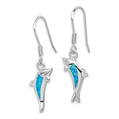 Sterling Silver Lab-Created Opal Dolphin Dangle Earrings – view 3