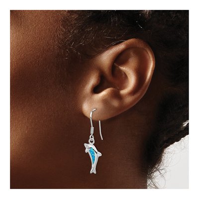 Sterling Silver Lab-Created Opal Dolphin Dangle Earrings – view 4