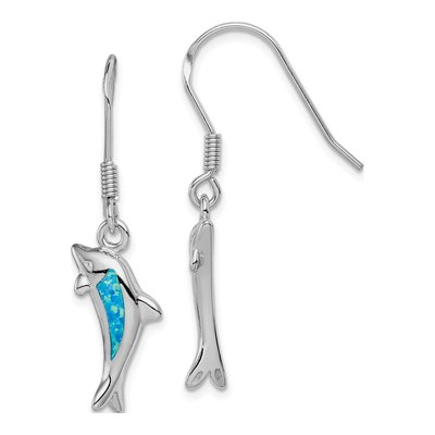 Sterling Silver Lab-Created Opal Dolphin Dangle Earrings