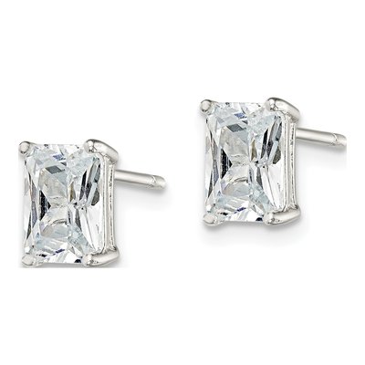 Sterling Silver Octagon / Emerald CZ Emerald-Cut Stud Earrings – view 3