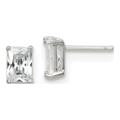 Sterling Silver Octagon / Emerald CZ Emerald-Cut Stud Earrings