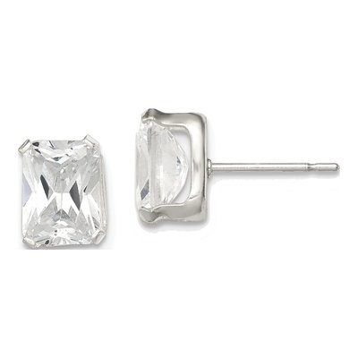 Sterling Silver Octagon / Emerald CZ Emerald-Cut Stud Earrings