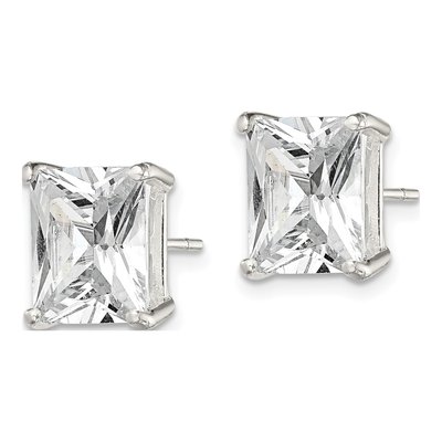 Sterling Silver Octagon / Emerald CZ Emerald-Cut Stud Earrings – view 3