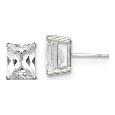 Sterling Silver Octagon / Emerald CZ Emerald-Cut Stud Earrings