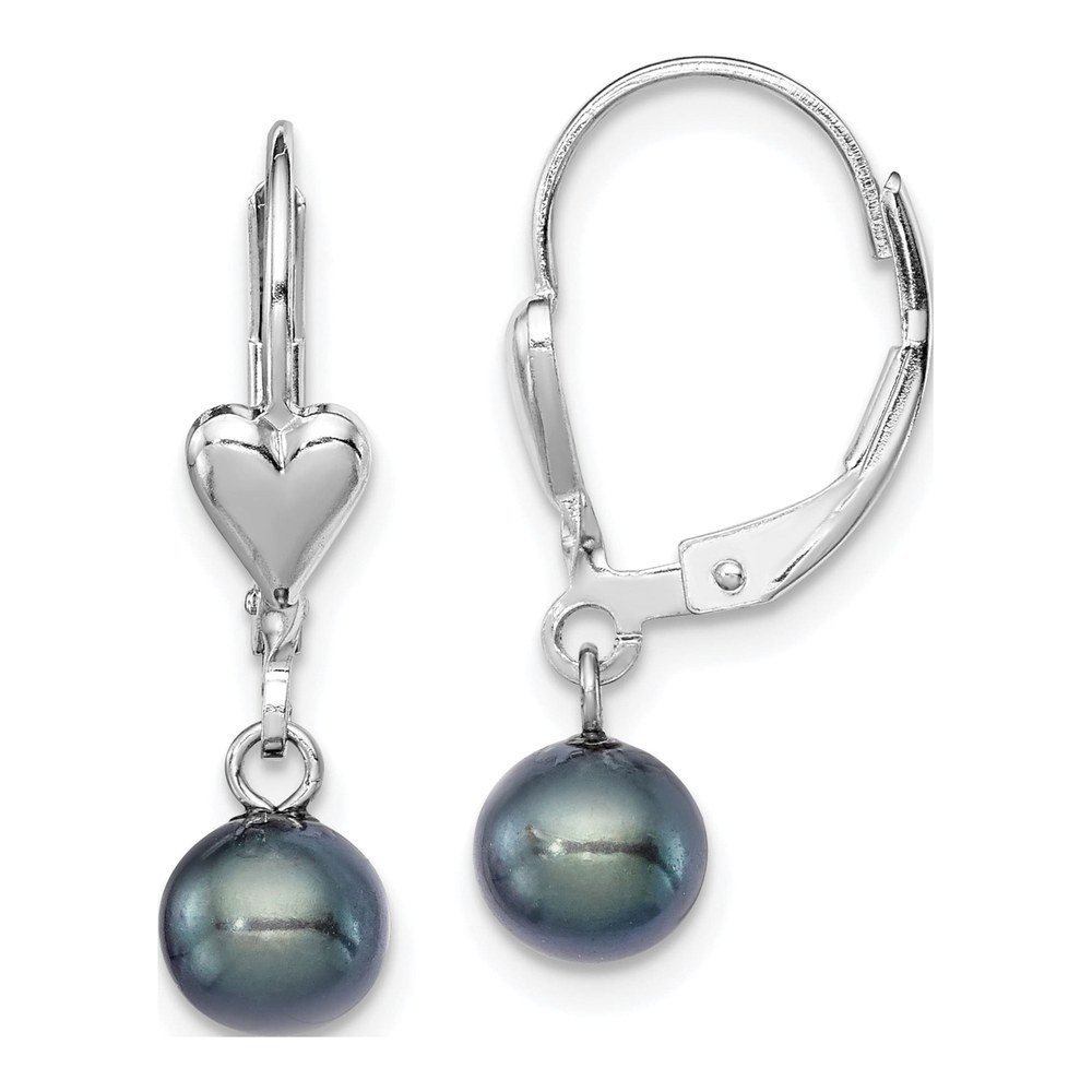 Sterling Silver Black Freshwater Cultured Pearl Heart Leverback Earrings