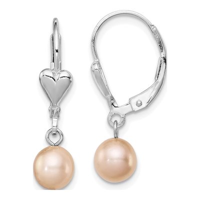 Sterling Silver Pink Freshwater Cultured Pearl Heart Leverback Earrings
