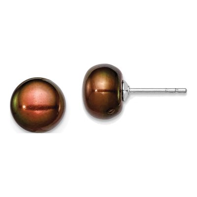Sterling Silver Brown Freshwater Cultured Pearl Button Stud Earrings