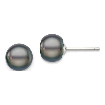 Sterling Silver Black Freshwater Cultured Pearl Button Stud Earrings