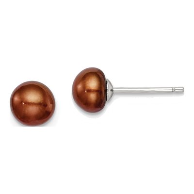Sterling Silver Brown Freshwater Cultured Pearl Button Stud Earrings