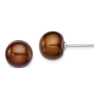 Sterling Silver Brown Freshwater Cultured Pearl Button Stud Earrings