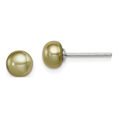 Sterling Silver Green Freshwater Cultured Pearl Button Stud Earrings