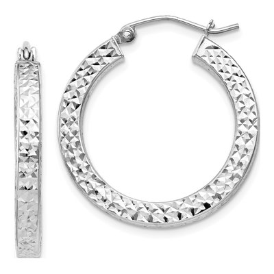 Sterling Silver 25mm Diamond-Cut Square Tube Hoop Earrings