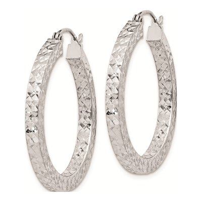 Sterling Silver 30mm Diamond-Cut Square Tube Hoop Earrings – view 3