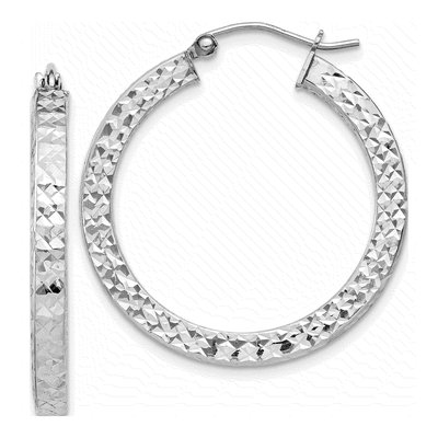 Sterling Silver 30mm Diamond-Cut Square Tube Hoop Earrings