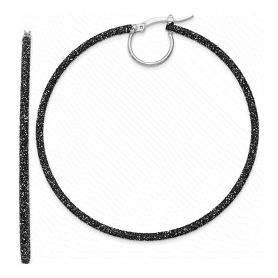 Sterling Silver 55mm Black Glitter Enamel Hoop Earrings